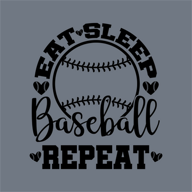 InkMerge’s Eat Sleep Baseball Repeat Heart Stitch DTF Transfer features black text on gray with a central baseball and heart accents—perfect for baseball moms, ready to press for a vibrant and easy apparel design.